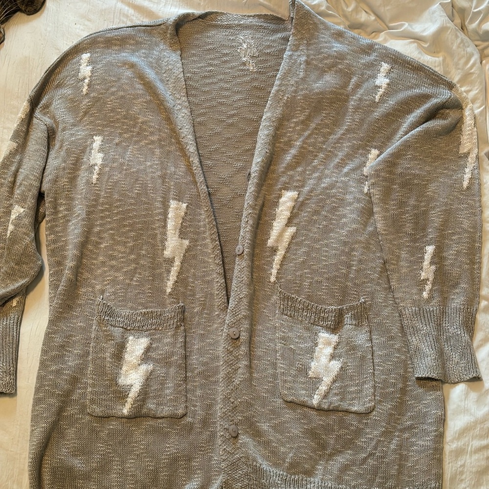 Plus Size Grey with White Lightening Bolt Cardigan